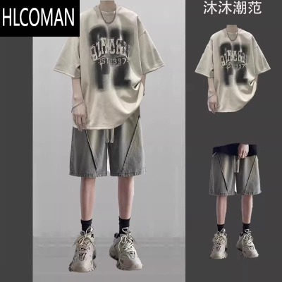 HLCOMAN美式复古T恤男夏季2024新款套装潮牌男装一整套搭配圆领短袖