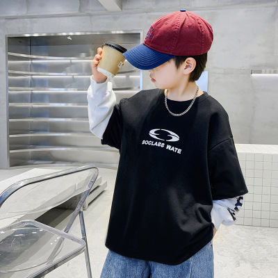 男童假两件卫衣春秋款新款儿童拼接上衣潮酷中大童打底衫痞帅