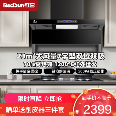 红日(RedSun)顶侧双吸烟灶套装23m³大风量 挥手体感智控 一键热除油清洗厨房净烟LEU30H+EM618B天然气