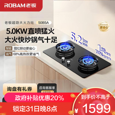 老板(ROBAM)JZY-50B5A家用燃气灶 烟灶联动液化气 5.0kW大火力 68%热效率灶具 可调节尺寸灶台