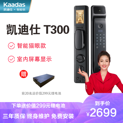 新品首发-凯迪仕智能锁T300极夜黑可视猫眼屏幕监控指纹锁家用防盗门锁磁卡锁电子锁密码锁