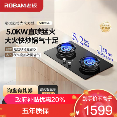 老板(ROBAM)JZY-50B5A家用燃气灶 烟灶联动液化气 5.0kW大火力 68%热效率灶具 可调节尺寸灶台
