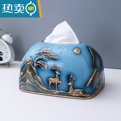 敬平抽纸巾盒家居装饰摆件轻奢现代简约客餐厅家用桌面创意陶瓷手工品 青蓝夜