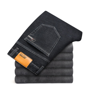 中年牛仔裤加绒加厚柔软保暖裤男士加肥加大码弹力宽松直筒裤jean