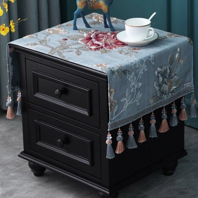 欧式床头柜盖布布艺套罩长方形雪尼尔酒柜鞋柜绣花小桌布家用 雪莉尔蓝色(吊穗款)床头柜盖布 45*90(含吊穗尺寸在内)