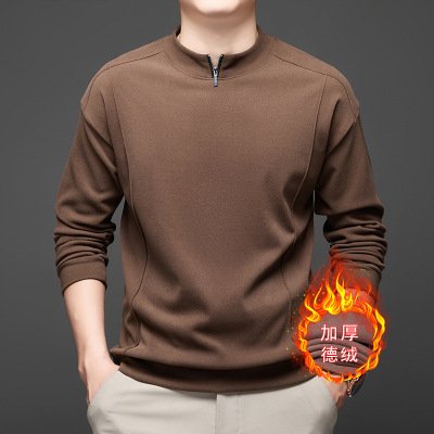 冬季新款德绒卫衣男圆领套头拉链纯色休闲加厚保暖男士打底衫