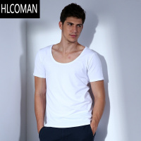 HLCOMAN韩版男士大圆领短袖t恤男装宽松低领上衣黑色大码半袖打底衫棉夏