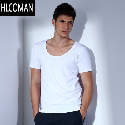 HLCOMAN韩版男士大圆领短袖t恤男装宽松低领上衣黑色大码半袖打底衫棉夏
