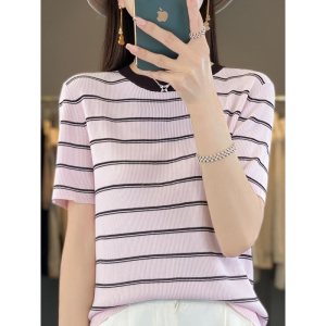 条纹针织短袖T恤女年夏季新款修身显瘦简约百搭冰丝针织衫