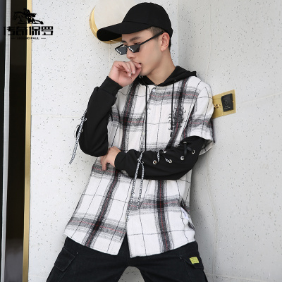 传奇保罗（CHUANQIBAOLUO）2021春季新款港风连帽宽松简约休闲格子衬衫外套男