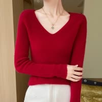 一线成衣针织衫24秋冬新款女士修身纯色百搭无缝针织V领打底毛衣