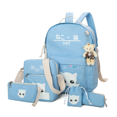新款帆布双肩包可爱小猫咪印花书包中小学生新款大容量电脑包韩版卡通-定制天蓝色帆布款送熊天蓝色帆布款送熊