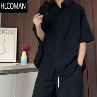 HLCOMAN黑色冰丝衬衫短袖男款夏季dk冷淡系高级感衬衣七分袖美式外套