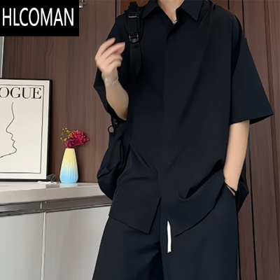 HLCOMAN黑色冰丝衬衫短袖男款夏季dk冷淡系高级感衬衣七分袖美式外套