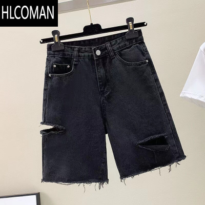 HLCOMAN毛边破洞牛仔短裤男夏季宽松潮牌ins高街裤子复古潮流直筒五分裤