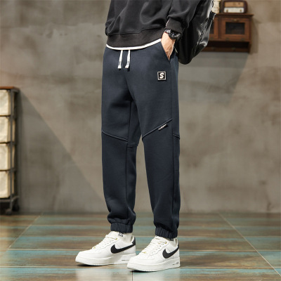 男士藏青通勤卫裤双抽绳设计束脚裤立体剪裁休闲裤拼接男装