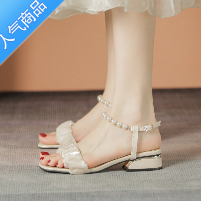 SUNTEK凉鞋女夏2023新款百搭不累脚时装法式粗跟仙女配裙子一字带高跟鞋