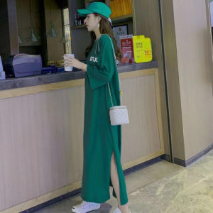 韩国大码T恤女装胖mm懒人长款短袖宽松过膝大码连衣裙夏季长裙子_1