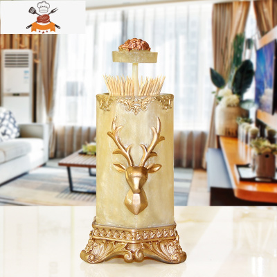 牙签盒北欧ins家用创意自动按压牙签筒网红轻奢棉签盒牙签桶树脂 敬平 时尚鹿珍珠黄-牙签盒