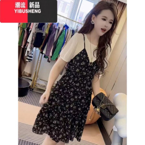 YIBUSHENG假两件碎花连衣裙女季新款短袖t恤拼接吊带裙时尚百搭减龄A字裙