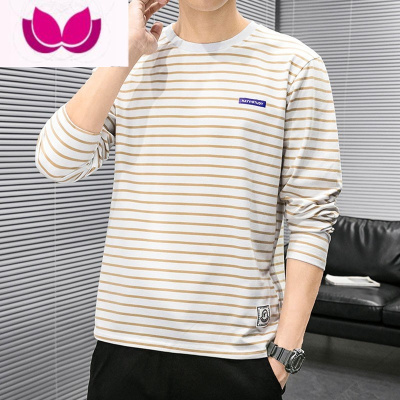 七斓简约条纹潮流体恤圆领秋季款衣服长袖T恤男士上衣百搭打底衫