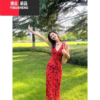 YIBUSHENGTurn right/陳大腿 法式复古V领印花连衣裙女高级感显瘦气质长裙