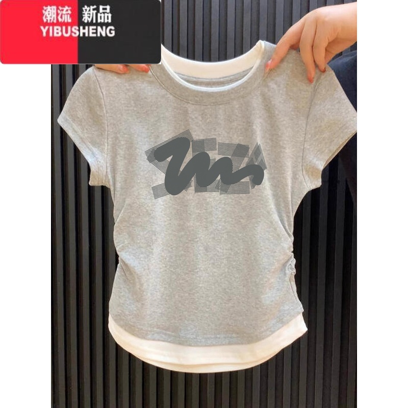 YIBUSHENG别致撞色假两件t恤女短袖季2024新款修身显瘦收腰短款上衣