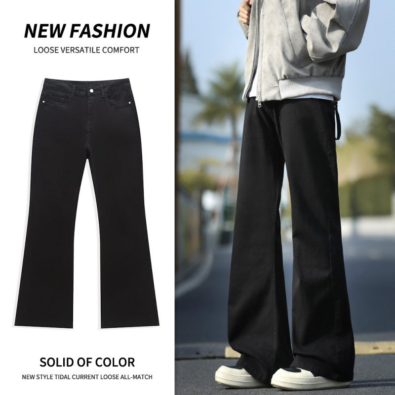 黑色微喇牛仔裤男宽松垂感阔腿裤纯色百搭潮流长裤Factory男装