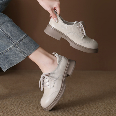 头层牛皮单鞋女2026春季新款圆头粗跟复古英伦风系带小皮鞋乐福鞋_319