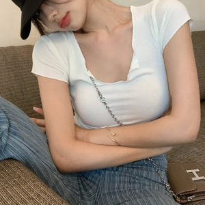 辣妹冰丝螺纹T恤女装纯欲风灰色短款修身露脐打底衫紧身短袖上衣
