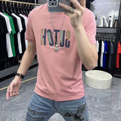 欧货夏季新款棉质短袖T恤男士简约字母上衣体恤丝光棉半袖衫