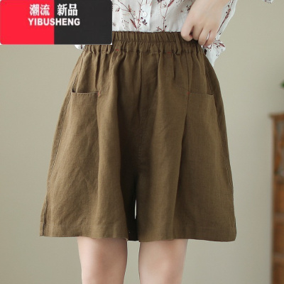 YIBUSHENG文艺复古棉麻短裤女季宽松大码休闲裤高腰显瘦亚麻阔腿五分裤薄