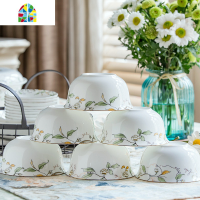 过年好看的米饭碗家用6个吃饭陶瓷碗碟餐具套装碗10个微波炉 FENGHOU [6个]4.5英寸太阳岛金钟碗