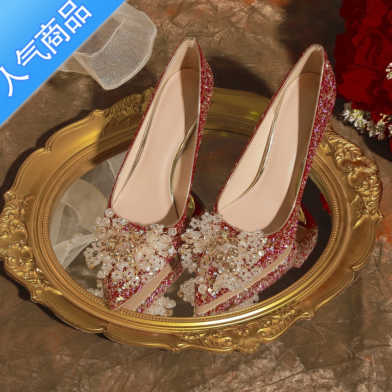 SUNTEK秀禾婚鞋女2023新款订婚鞋水晶孕妇平底新娘鞋中式细跟红色高跟鞋