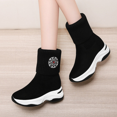 莱卡金顿保暖内增高休闲靴2020冬厚底女高帮鞋袜子靴7132