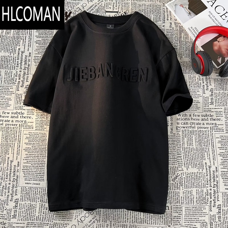 HLCOMAN美式潮牌印花短袖t恤男夏季大码宽松oversize半袖潮流五分袖