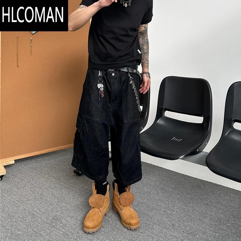 HLCOMANCGG美式复古水洗大口袋七分牛仔裤男高街ins潮牌复古宽松工装短裤