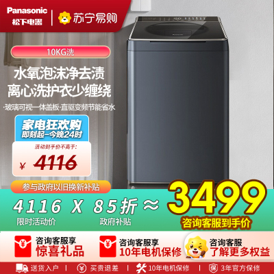 松下(Panasonic)不弯腰 波轮洗衣机 10KG 离心洗 水氧泡沫净 羽绒服内衣洗 XQB100-1U2R