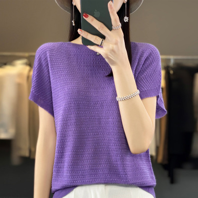 一线成衣精纺羊毛短袖女圆领宽松薄款蝙蝠袖背心上衣镂空外搭
