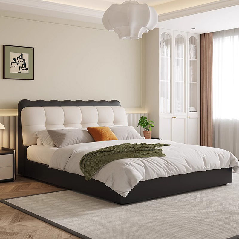 奶油风真皮床现代简约主卧双人床轻奢高端大气婚床家用软包储物床