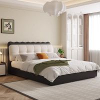 奶油风真皮床现代简约主卧双人床轻奢高端大气婚床家用软包储物床