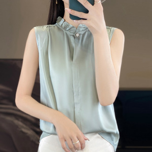 木耳花边领无袖纯色一扣背心丝滑缎面通勤显瘦春夏薄款气质衬衫女