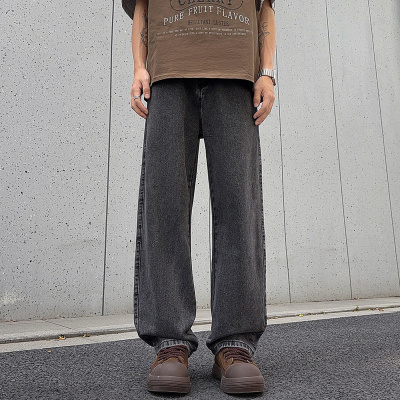 潮牌男装秋冬宽松直筒港风牛仔裤男基础款百搭多色松紧水洗拖地裤