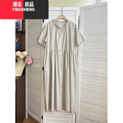 YIBUSHENG日系 文艺复古木耳边波点条纹单排扣连衣裙宽松百搭短袖裙
