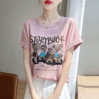 T恤女竹节麻短袖宽松韩版印花新款外穿简约内搭短袖上衣针织