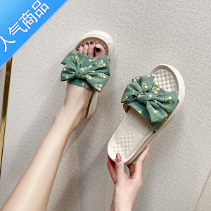 SUNTEK2023夏季新款厚底松糕跟韩版一字拖蝴蝶结女凉拖百搭女拖鞋女凉鞋