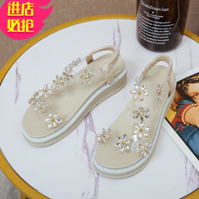 金三志厚底网红凉鞋女超火2021年夏季新款水钻时尚ins潮增高花朵仙女鞋凉鞋