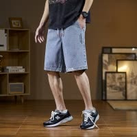 [1.5折价61元]唐狮春夏季新款牛仔短裤男显瘦抽绳宽松舒适时尚阔腿五分中裤男