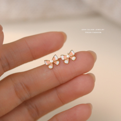 韩版甜美滴胶蝴蝶结耳钉女s999纯银百搭可爱足银养耳洞耳饰代发送女朋友老婆情人节七夕生日礼物