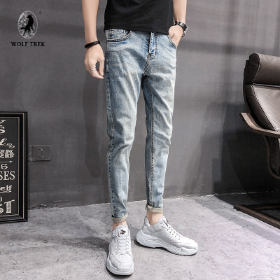 [七匹狼国际公司WOLFTREK-日系男装夏季九分牛仔裤男薄款修身小脚裤潮流百搭灰色9分男裤